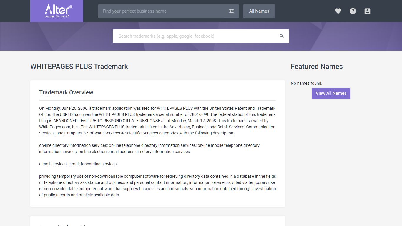 WHITEPAGES PLUS Trademark of WhitePages.com, Inc. - Serial Number ...